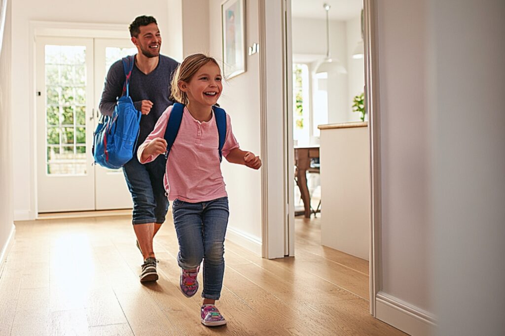 A father and daughter arriving in their new house in the concept of 'best affordable housing options in Twickenham'.