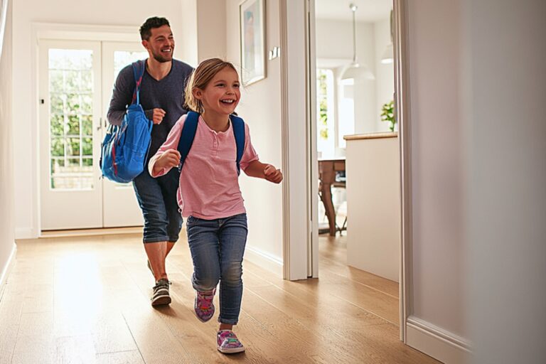 A father and daughter arriving in their new house in the concept of 'best affordable housing options in Twickenham'.