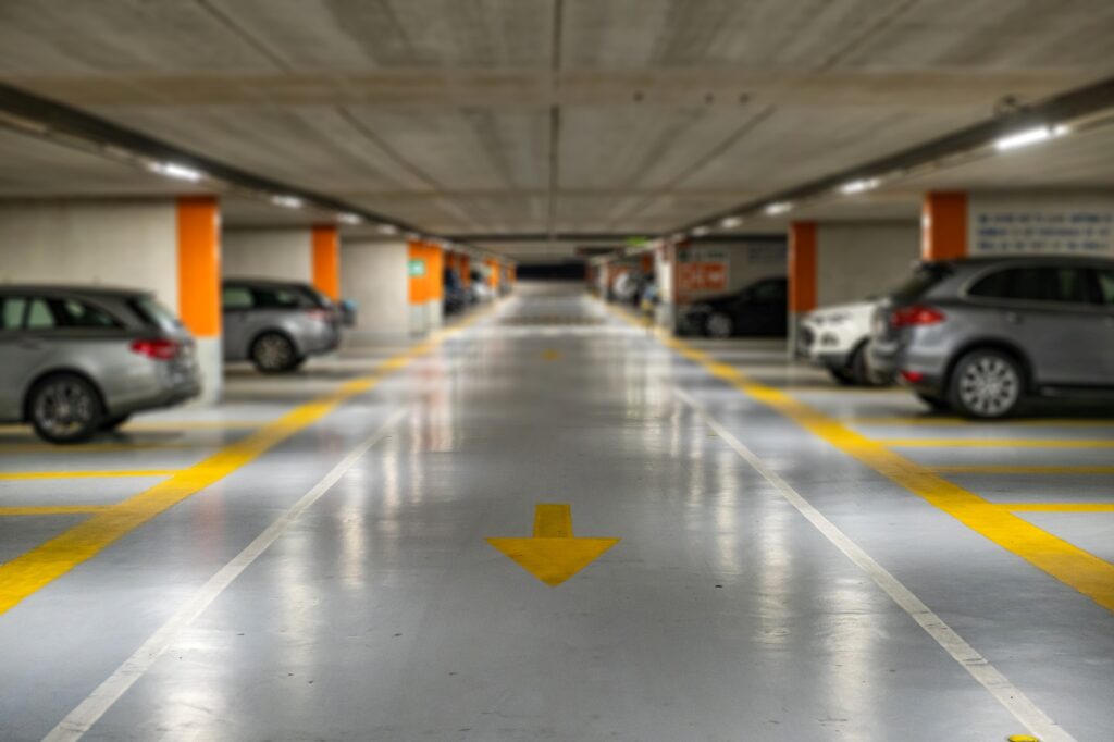 Cars parked in a spacious parking area