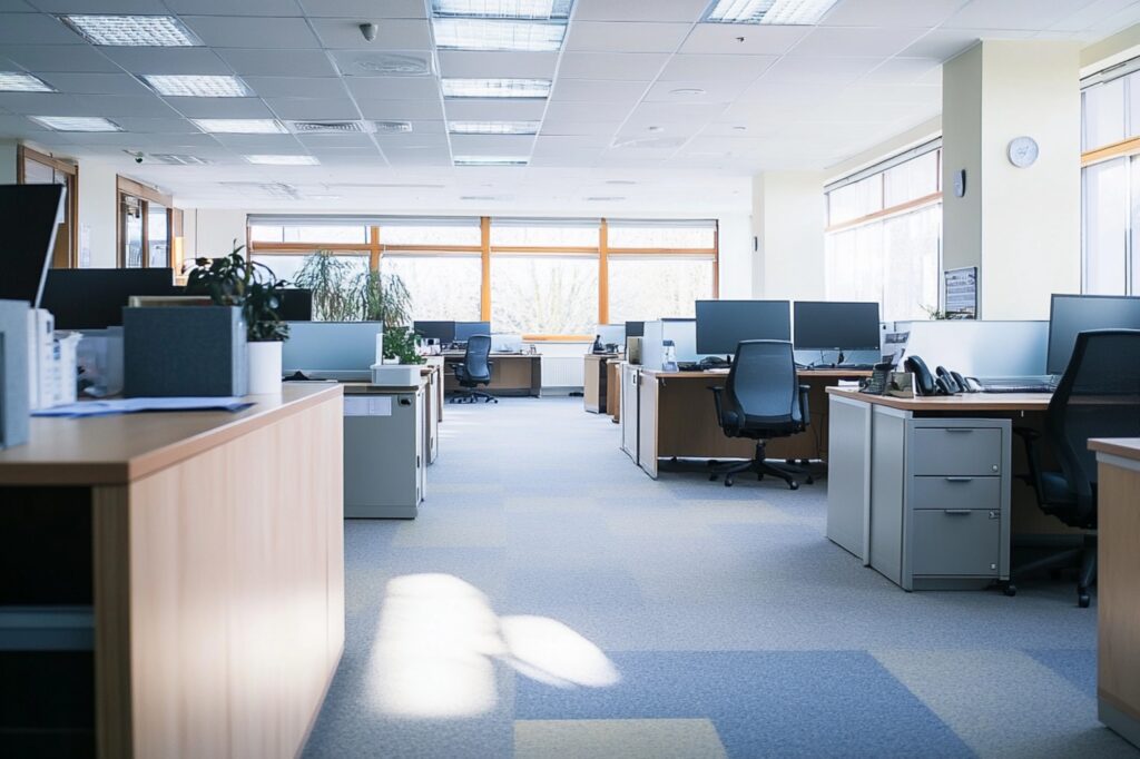 An office filled with IT equipment, pieces of furniture, and items